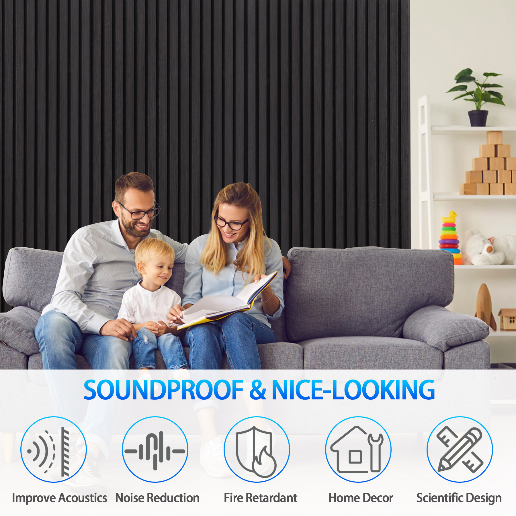 Taaizau 3D Slat Acoustic Wall Panels with Wood Finish Accent, 4 Pack Sound Absorbing Paneling for Studio, Office, Living Room, Bedroom Interior Decor (Matte Black, 48''L x 24''W)