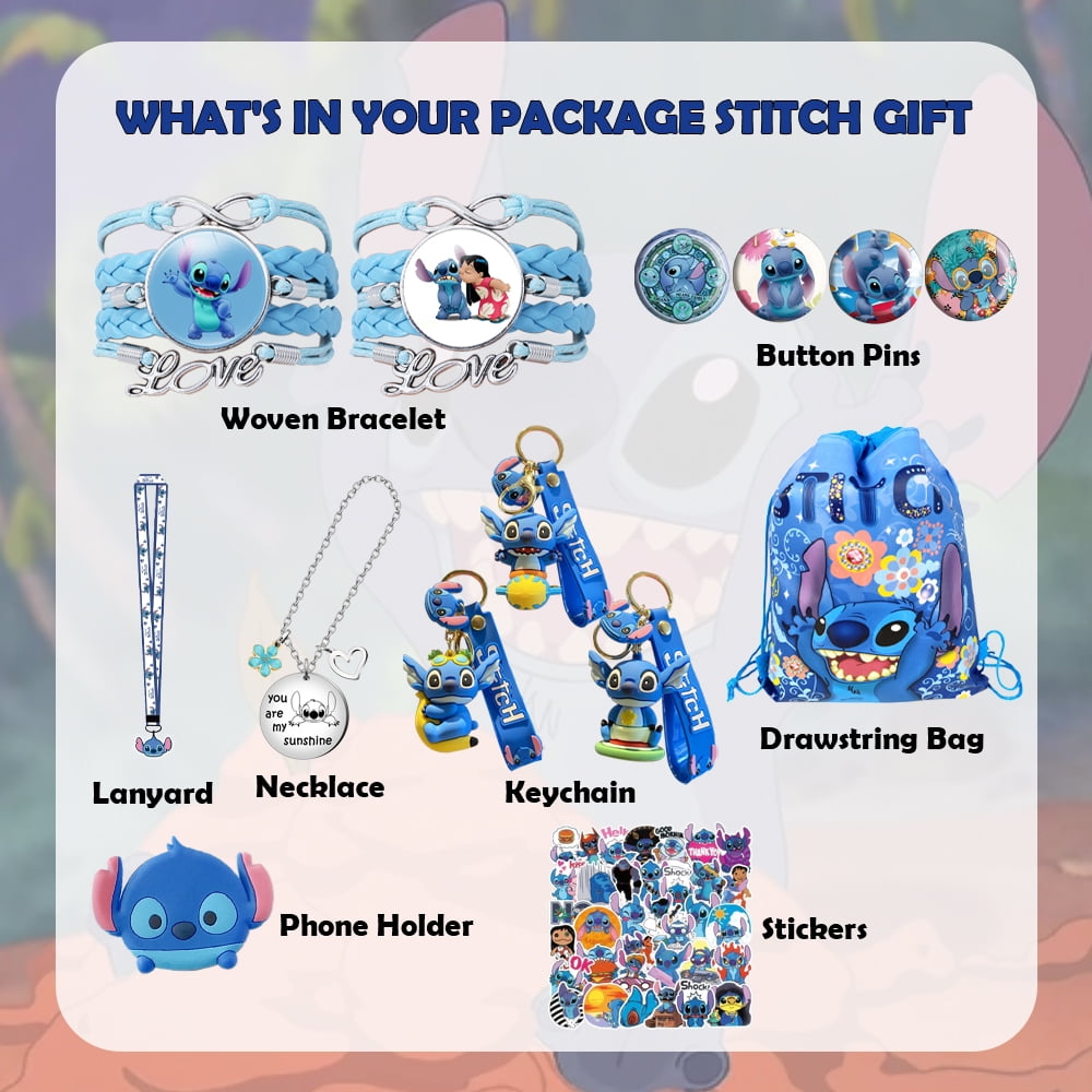 Stitch Merchandise Gift Set for Girls Cute Anime Accessories Including Drawstring Bag, Stickers, Lanyard, Necklace, Bracelet, Keychain, and Button Pins Perfect for Fans and Gifts