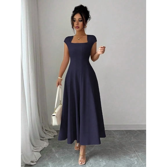 Navy Blue Womens Square Neck Cinched Waist A-Line Midi Dress For Spring Summer Casual Vacation
