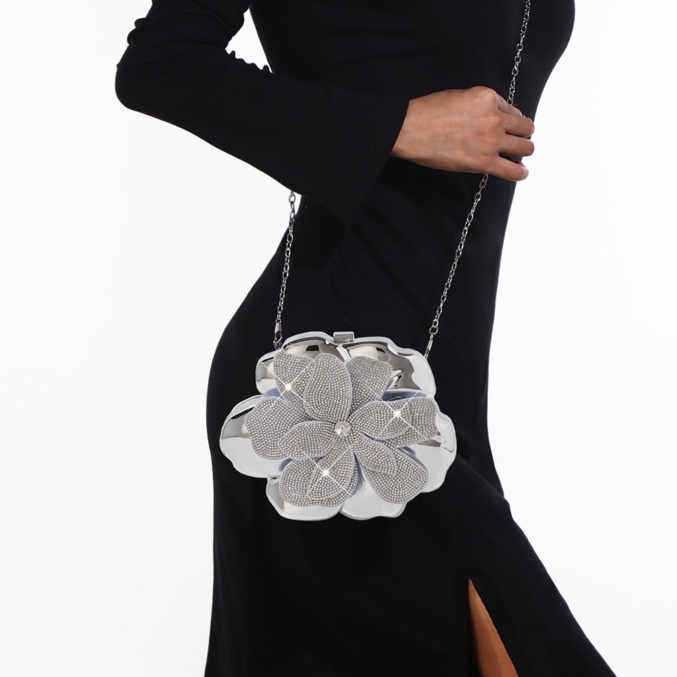 Elegant Silver Flower Acrylic Evening Clutch Bag with Crystal Rhinestones, Chain Strap, Luxurious Wedding Party Purse for Women