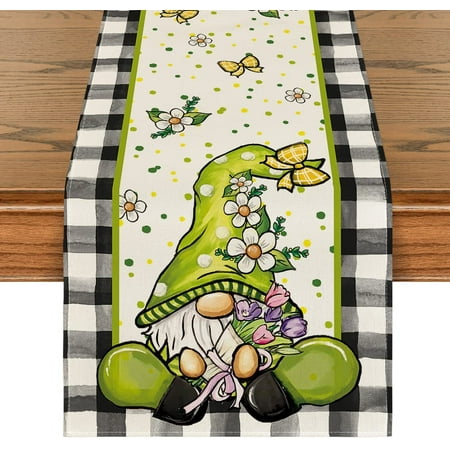 

Buffalo Plaid Gnome Tulip Spring Table Runner Seasonal Easter Holiday Kitchen Dining Table Decoration for Home Party Indoor 13x72 Inch