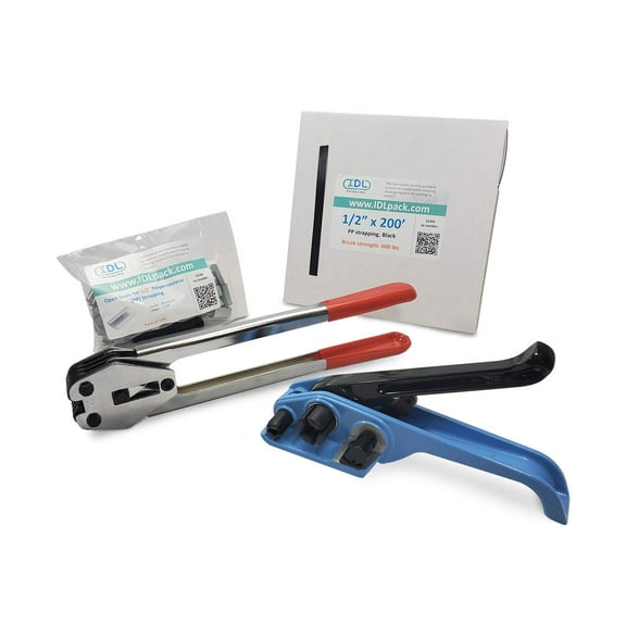 IDL Packaging 1/2" x 200' Polypropylene (PP) Portable Strapping Kit, 600 lbs Break Strength - Packaging Strapping Tool Kit with Poly Banding