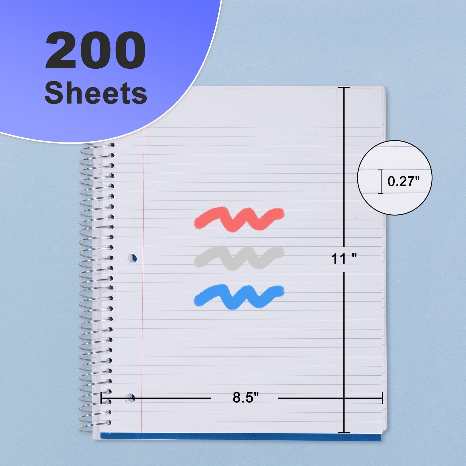 ViVin 5 Subject Notebook with Water Resistant Cover and 4 Removable Dividers, College Ruled, 200 Sheets, White, Red, Blue 3 Pack