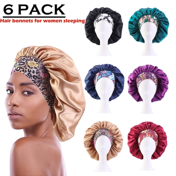 BEIPEGIN 6 Pack Hair Bonnets for Women, Satin Hair Bonnet for Sleeping, Silk Bonnet for Curly Hair, Satin Bonnet for Black Women Big Capacity