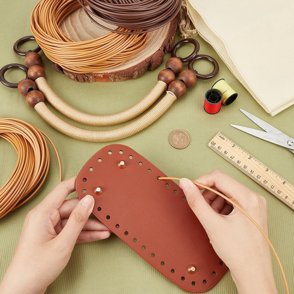 DIY Rattan Woven Handbag Making Kit DIY Women Summer Beach Bag Making Kit Handwoven Straw Bag Personalized Complete Kit Round Handle Crochet Bag Making Materials Handicraft Gift Dark Brown for DIY