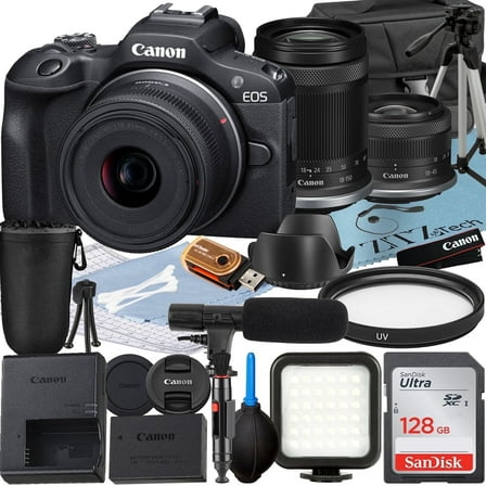 Canon EOS R100 Mirrorless Camera with RF-S 18-45mm   18-150mm Lens   SanDisk 128GB Memory Card   Case   LED Flash   ZeeTech Accessory Bundle