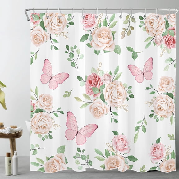 HVEST Pink Floral Butterfly Shower Curtain, Watercolor Flower Plant Shower Curtain - Green Leaf Bathroom Decor, Waterproof Polyester Fabric, Includes 12 Hooks, 72x72 Inches