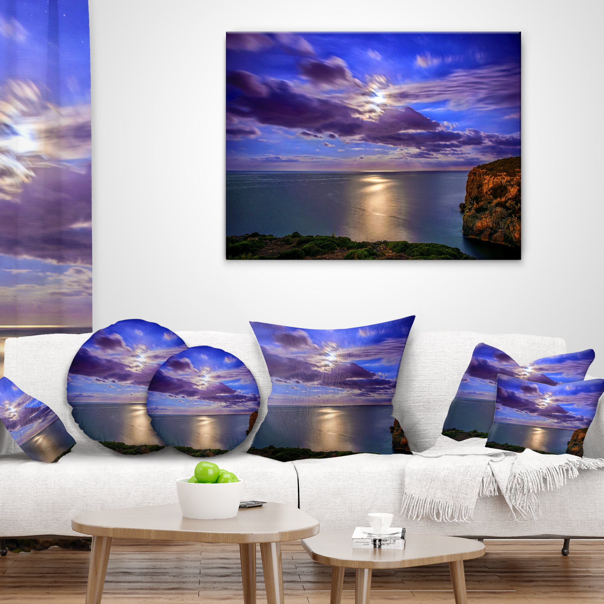 Designart Moon Reflecting in Blue Sea - Modern Seascape Throw Pillow - 18x18