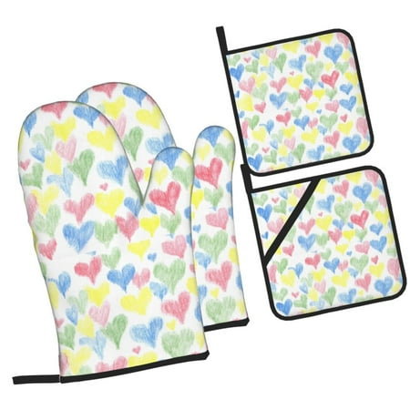 

Tebeau Hand Drawn Colored Hearts Print 4 Pcs Oven Mitts and Pot Holders 500°F High Heat Resistant Kitchen Oven Mitts with Pot holders Long Oven Mitts for Baking and Cooking