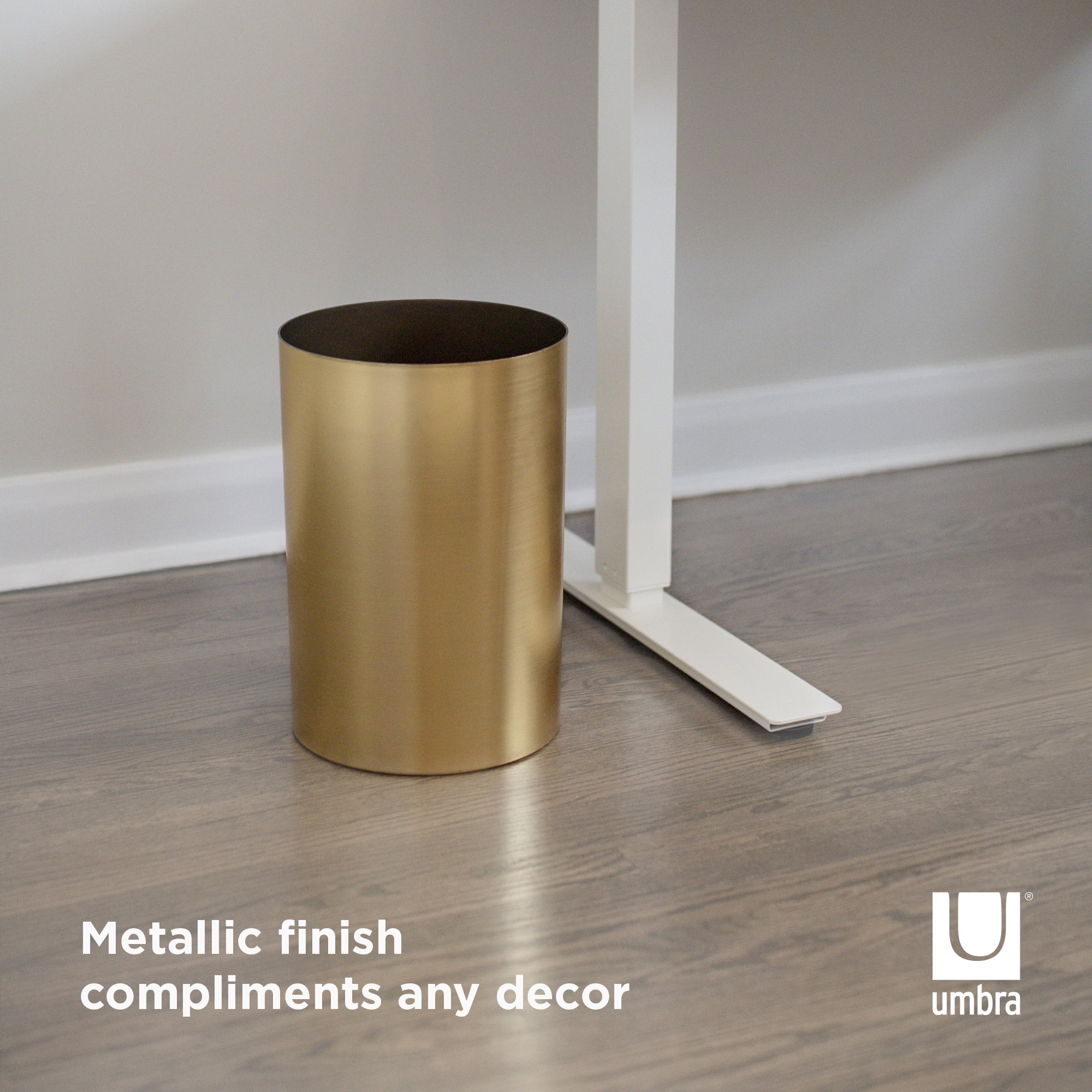 Umbra 4.5 gal Metalla Plastic Open Top Bathroom Trash Can, Matte Brass