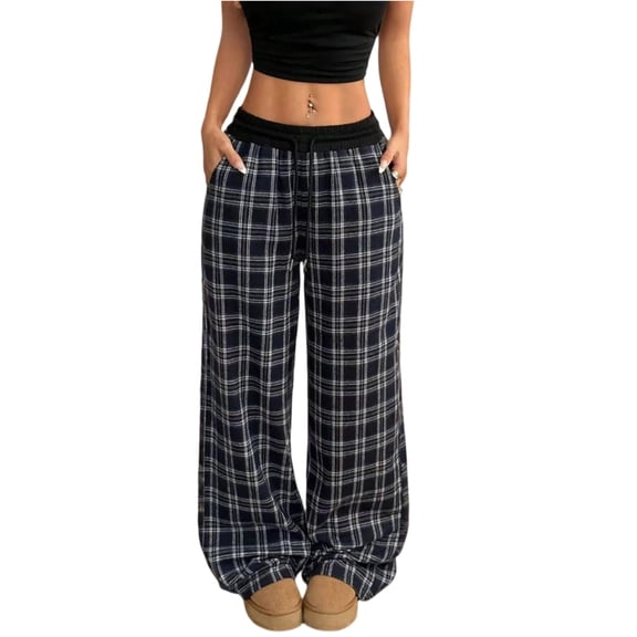 dGslk Women’s High Waist Wide Leg Plaid Pants Loose Fit Drawstring Waistband Casual Lounge Trousers for Daily Wear Black L