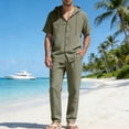 thumbnail image 2 of Men's 2 Piece Outfits Cotton Linen Vacation Summer Clothes Matching Short Sleeve Button Up Hoodie Pants Sets (3XL, Army Green), 2 of 8
