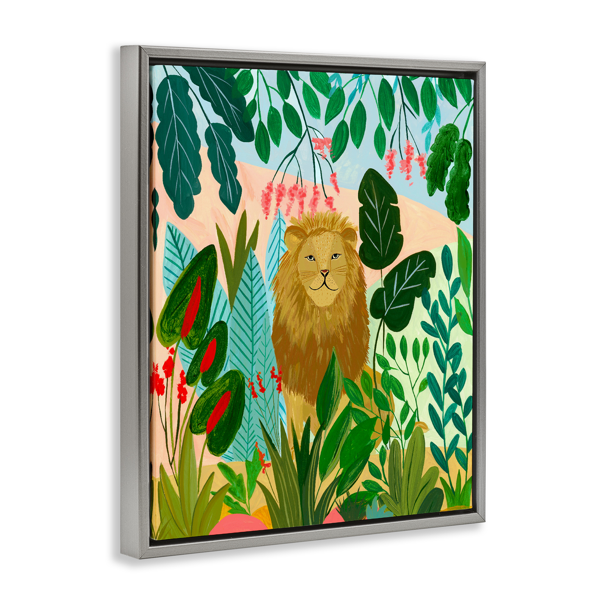 Stoic Lion Tropical Forest Gray Framed Floater Canvas Wall Art, design by Nabeela Rumi