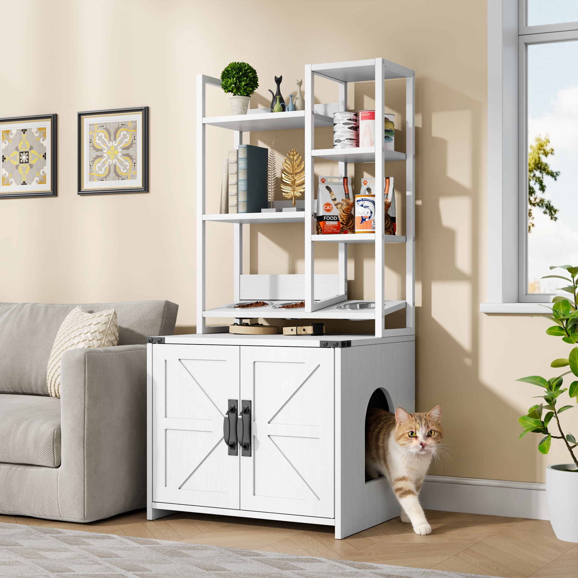 ModFurne Cat Litter Box Enclosure with Feeding Station, Tall Cat Litter Box Furniture Hidden with 4-Tier Storage Shelves, White
