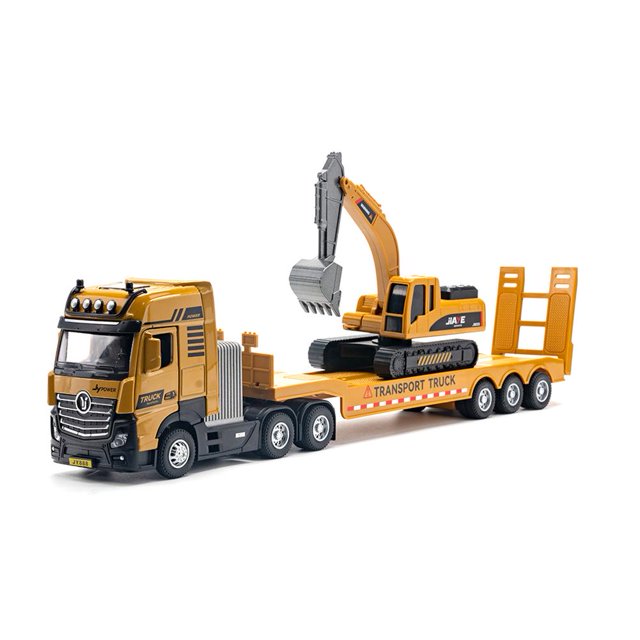 vehículos de transporte de construcción de ingeniería fundida a presión, juguetes de camiones, modelo de camión de aleación a escala 1:50, adornos con luz de sonido para niños vista 3/4 de camión transportador amarillo a escala 1:50 con cabina metálica, remolque de plataforma baja y excavadora desmontable con orugas negras y pala metálica; calca "TRANSPORT TRUCK", faros, ruedas de goma y acabado brillante sobre fondo blanco. Apto también como adorno para pasteles o display de colección infantil.