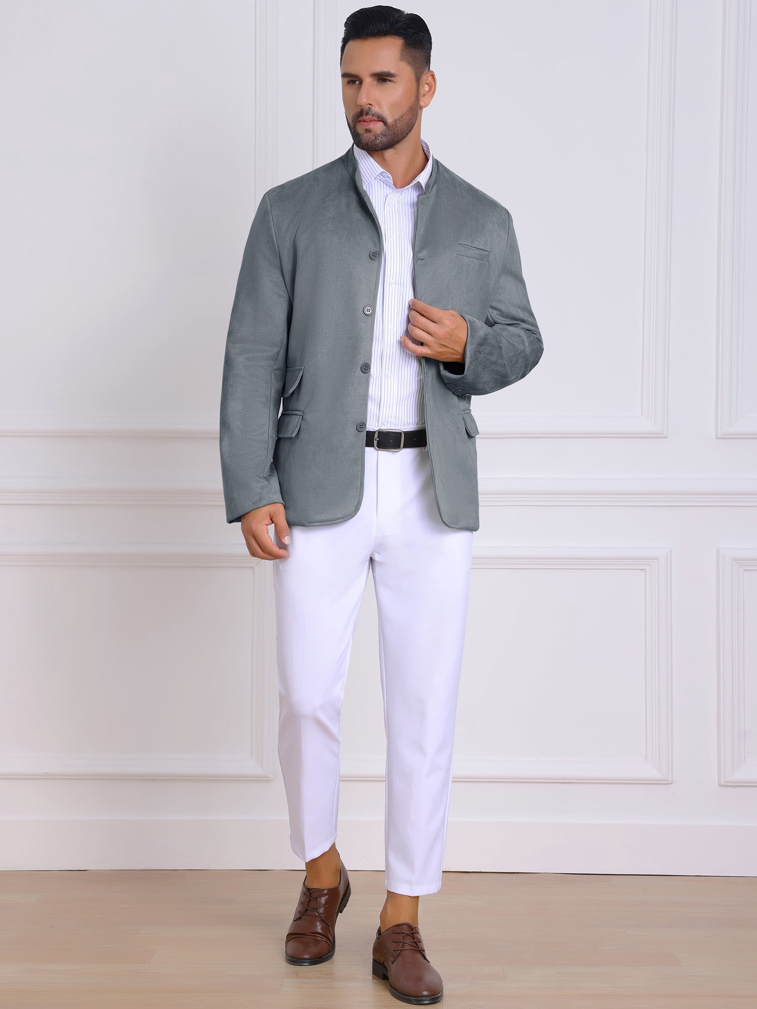 DARING DIVA Men's Suit Jacket Stand Collar Single Breasted Suede Blazer L Gray
