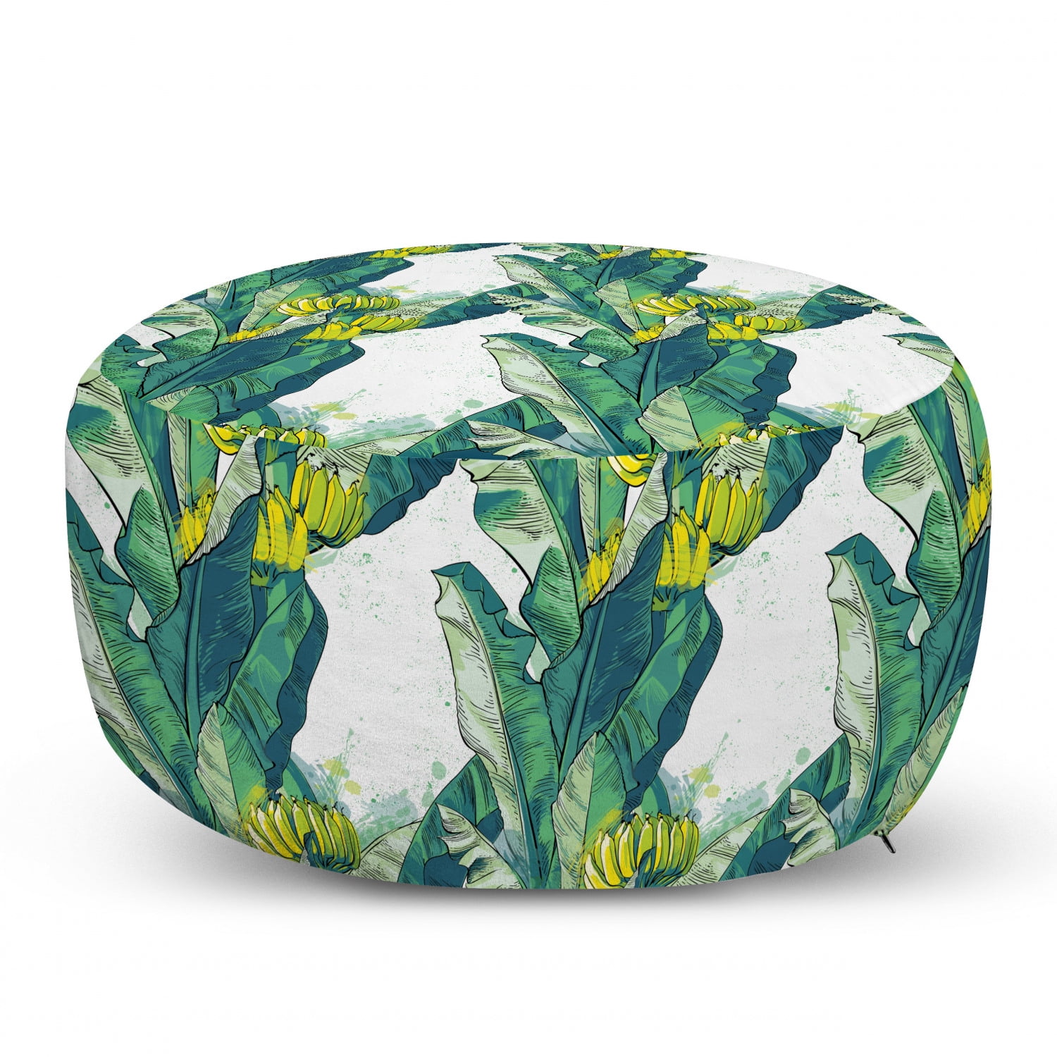 Tropical Ottoman Pouf, Repetitive Banana Tree Leaves Exotic Fruits