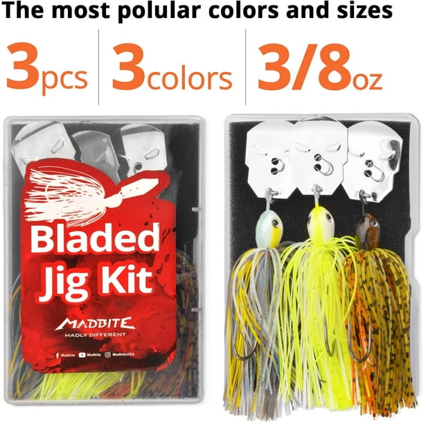 Bladed Jig Fishing Lures, 5 pc and 3 pc Multi-Color Kits, Irresistible  Vibrating Action, Sticky-Sharp Heavy-Wire Needle Point Hooks, Popular 3/8 oz  and 1/2 oz Sizes, Includes Storage Box 