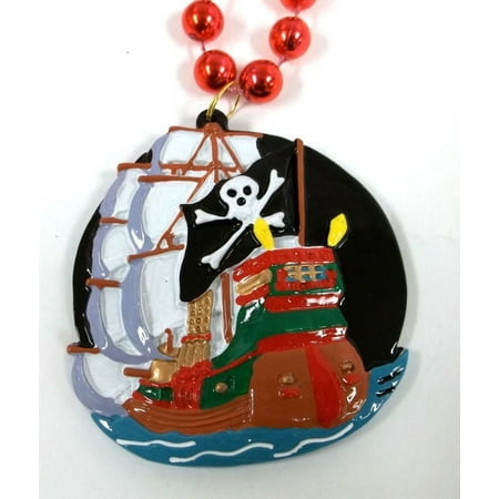 Pirate Ship Jolly Roger Skull Crossbones Gasparilla Mardi Gras Necklace Beads