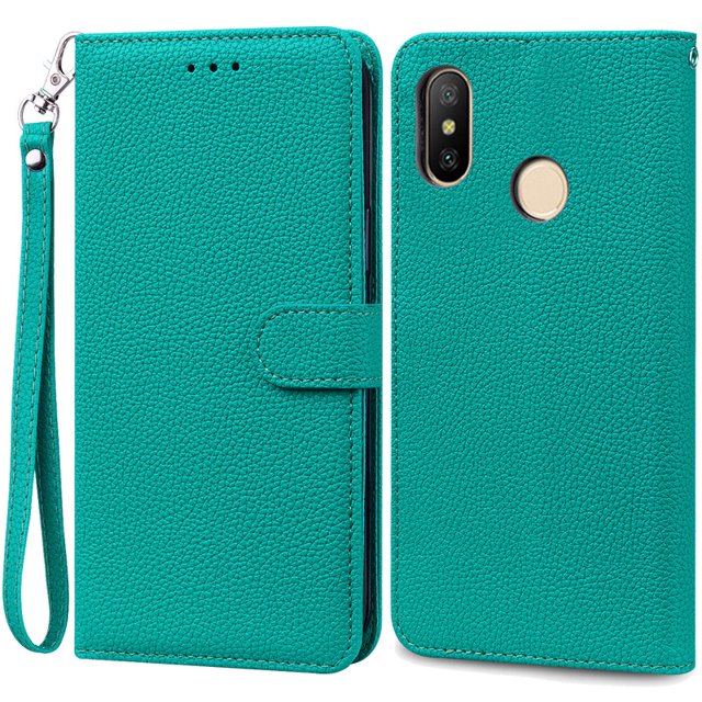 Pour Redmi Note 6 Pro Case Xiaomi Redmi 6 Pro Soft TPU Wallet Leather Case pour Xiaomi Redmi 6 Case Note 6 Pro Flip Étui Fundas Cyan -Strap pour Redmi 6