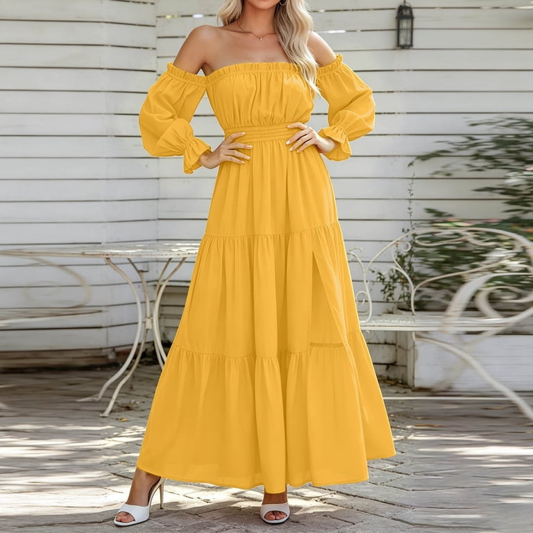 boho bridesmaid dresses yellow Women's 2026 Off Shoulder Wedding Guest Dress Long Sleeve Smocked High Waist Side Split Flowy Line Tiered Long Maxi Dress(Yellow,XL) Women's Sleeveless Tiered Maxi Style:Tankini in bra Hand Wash Size:US-German size 12-44