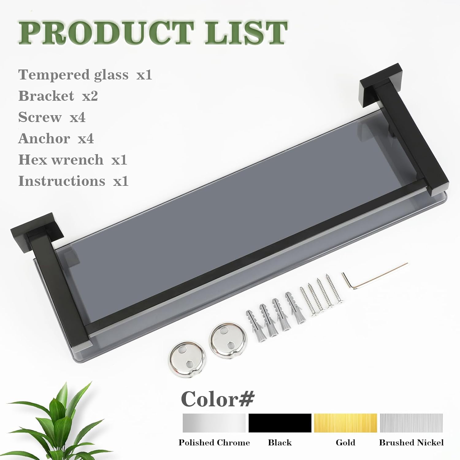 Bathroom Glass Shelf with Stainless Steel Railing, Polished Chrome Small Tempered Glass Floating Wall Shelf Over The Toilet, 16 inch