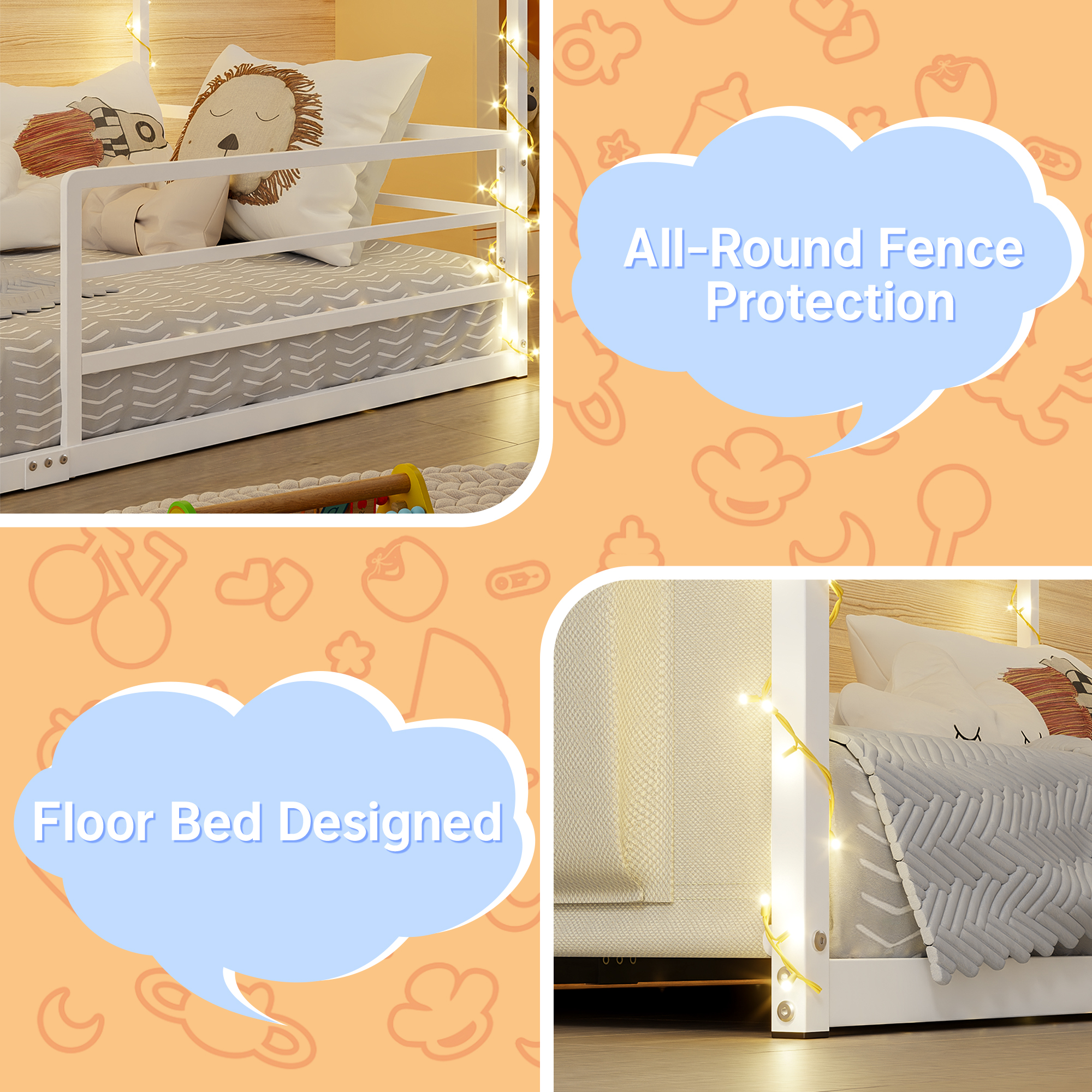 Yoneston Twin Floor Montessori Bed with Storage Caddy & Pegboard, House Shape Metal Floor Bed with Guardrails for Toddlers Kids Boys Girls, White