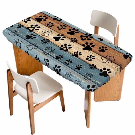 Blue Brown Table Cloths for 3 Foot Rectangle Tables, Rustic Farmhouse Dog Paw Vintage Patio Waterproof Elastic Fitted Tablecloths, Washable Rectangular Table Cover for Camping