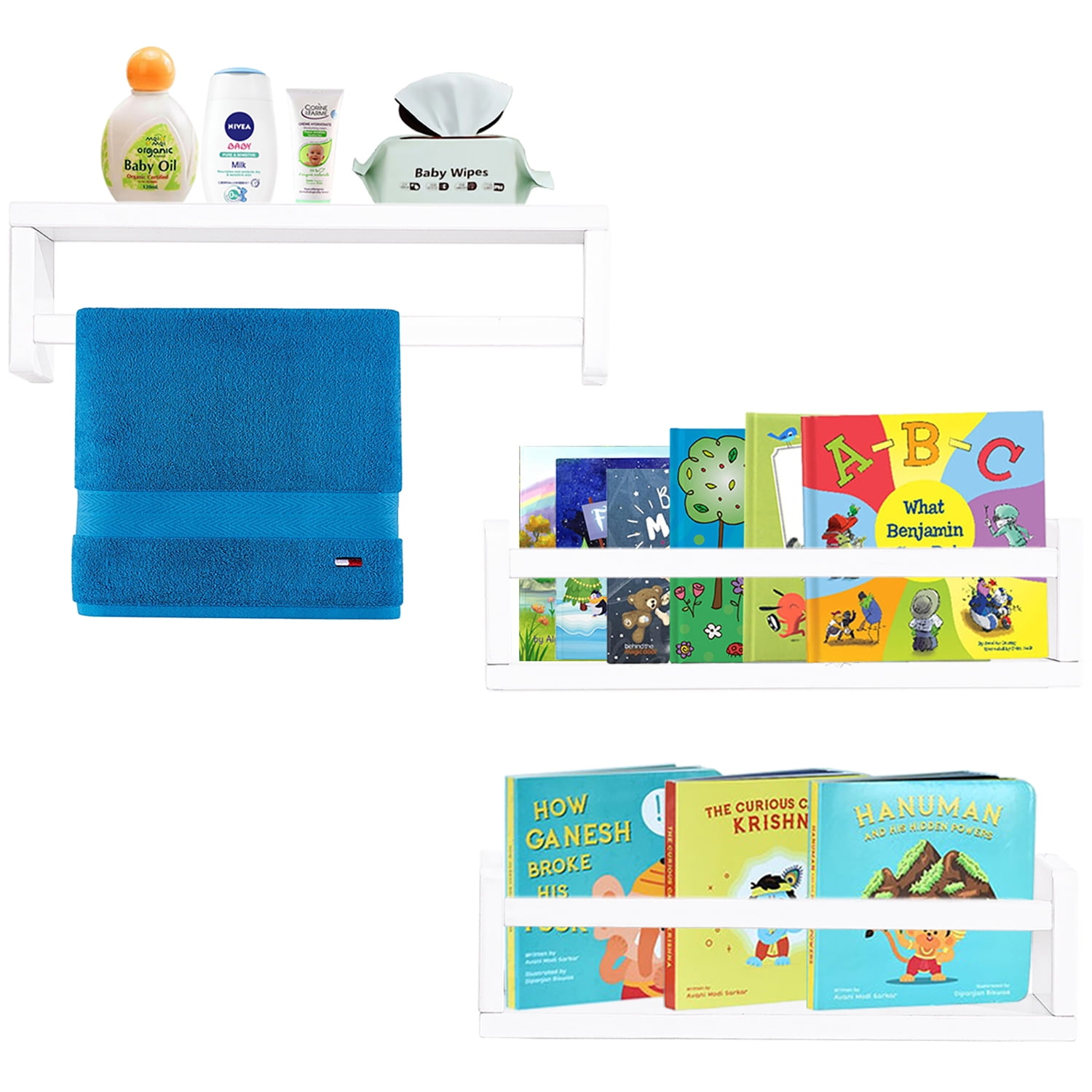 Floating Bookshelf for Kids Room White Nursery Shelves Picture Ledge