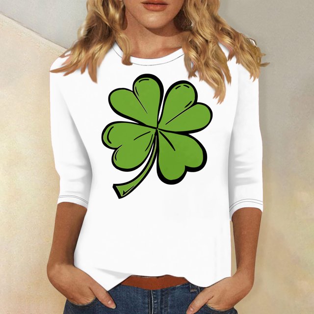 Meichang Hauts d'Été pour Femmes Manches 3/4 T-Shirts de la Saint-Patrick Trèfle Chanceux T-Shirts Graphiques Blouses Décontractées de Printemps Col Rond