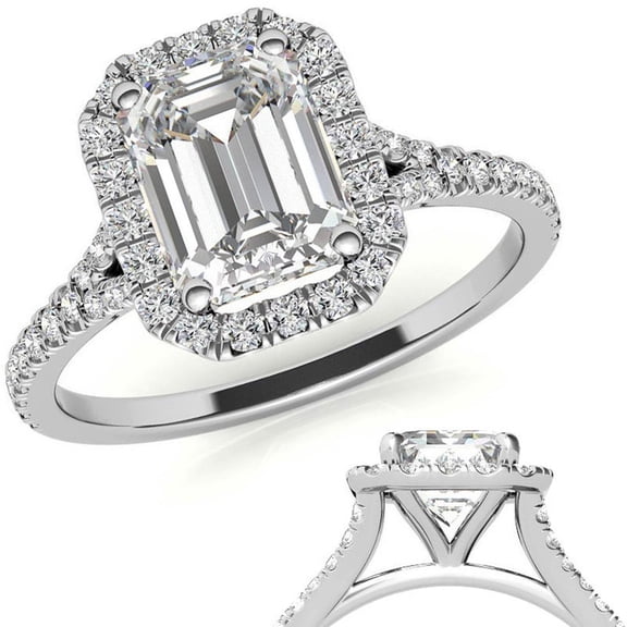 Auory Lab Created Emerald and Round Moissanite Halo Ring in White Gold Plated for Women