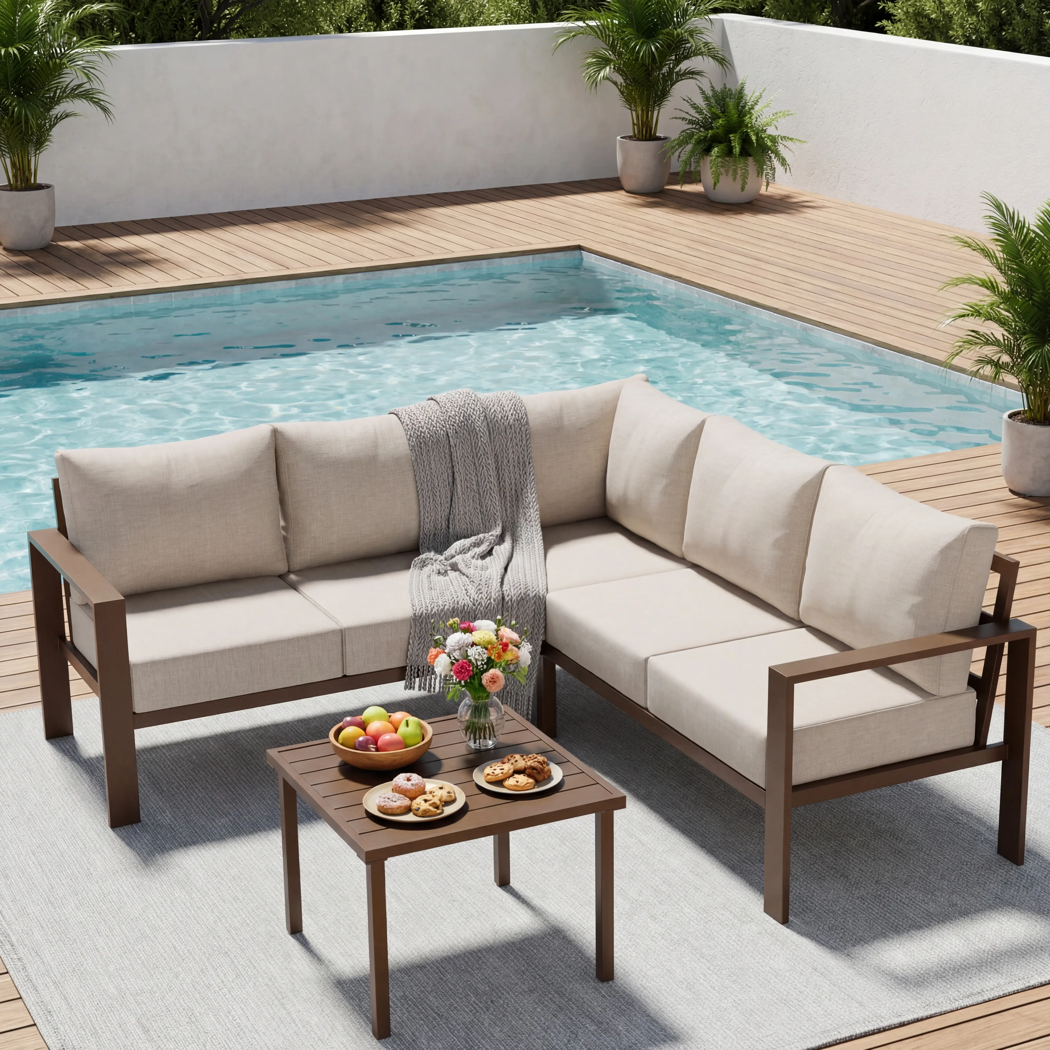 Poteban 6-Piece L-Shaped Outdoor Conversation Set, Metal Sectional Sofa with 6" Thick Olefin Cushions, Wide Armrests & Coffee Table, Beige for Garden Backyard