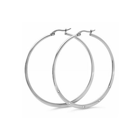 2' Round Button Earrings Jewelry - 2 Inch Stainless Steel Silver Color Hoop Earrings with White Crystal
