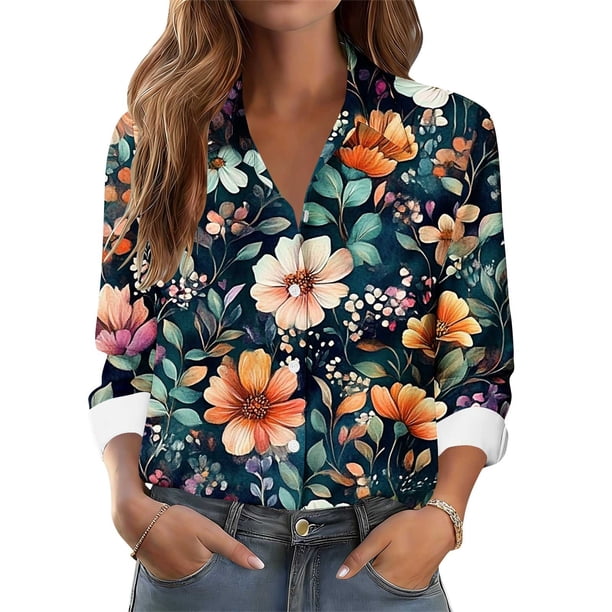 TaTaai Women's Floral Print Blouse Long Sleeve Button Down Shirt Soft Cotton Relaxed Fit Lapel Collar Tunic Top for Casual Outfit Gift