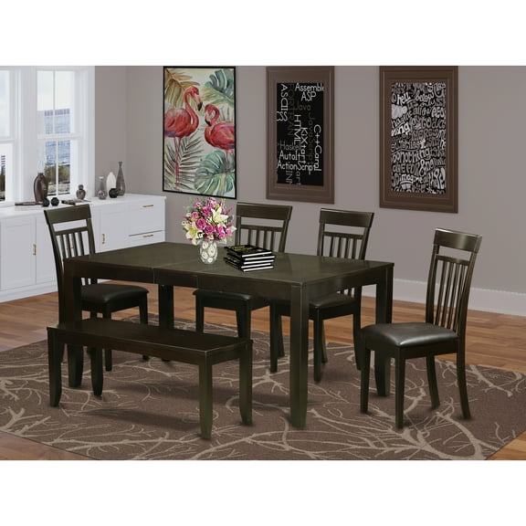 East West Furniture LYCA6-CAP-LC 6 Piece Dining Table Set With Bench-Table With Leaf and 4 Chairs For Dining Room Plus Bench