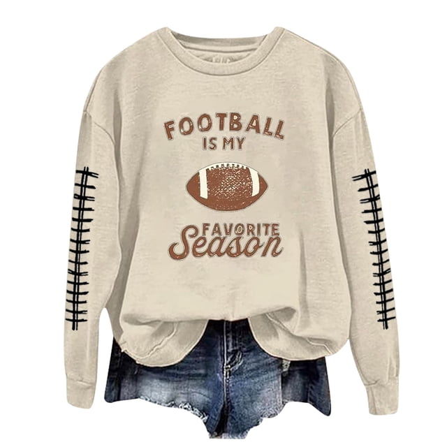 awzxde Chandails en Molleton pour Femmes Décontractés Légers Col Rond Chandails en Molleton Manches Longues Graphique Football Imprimé Chandail Chandails en Molleton Haut Blouse Beige,G