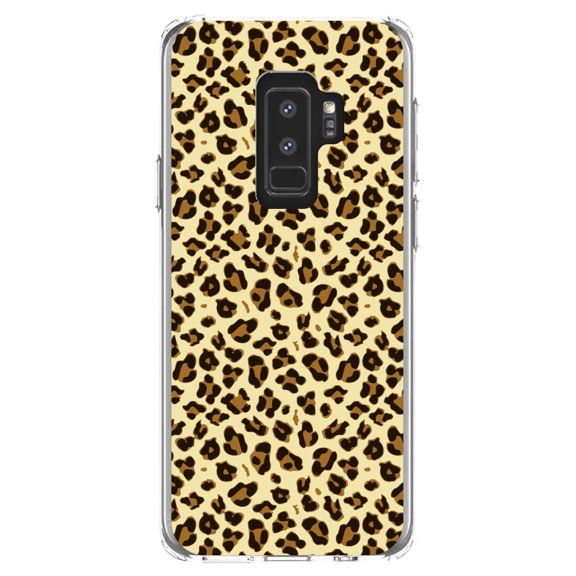 DistinctInk Clear Shockproof Hybrid Case for Samsung Galaxy S9  PLUS (6.2" Screen) - TPU Bumper, Acrylic Back, Tempered Glass Screen Protector - Black Beige Tan Leopard Skin Spots