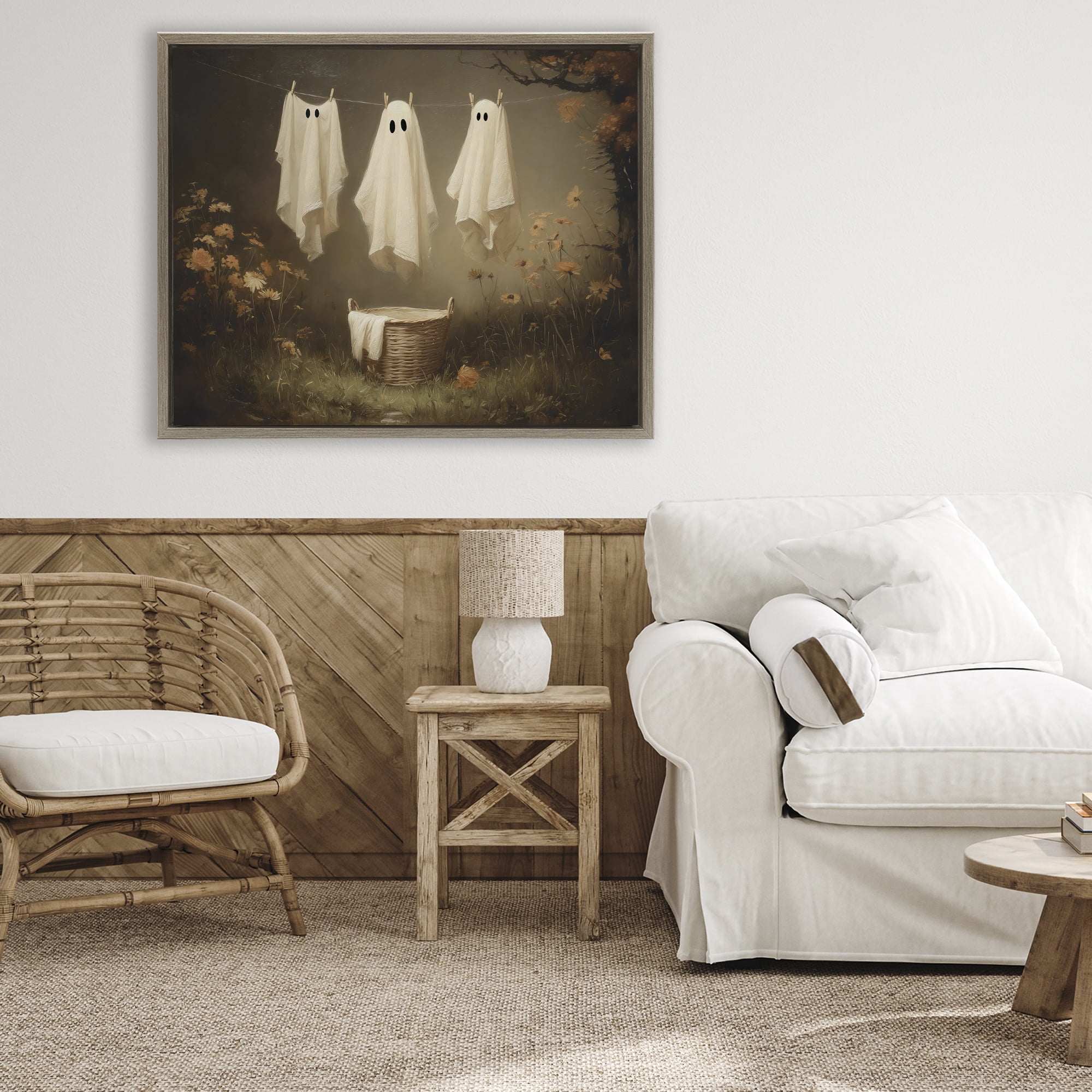 Three Laundry Ghosts Hanging Brown Framed Floater Canvas Wall Art, design by Arlington Prints