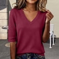 thumbnail image 2 of GZWYHT Women's Basic Ribbed Knit V Neck Elbow Sleeve T Shirts Soft Stretchy Slim Fit Casual Layering Tops for Spring Summer Fall Daily Wear Red XL, 2 of 9