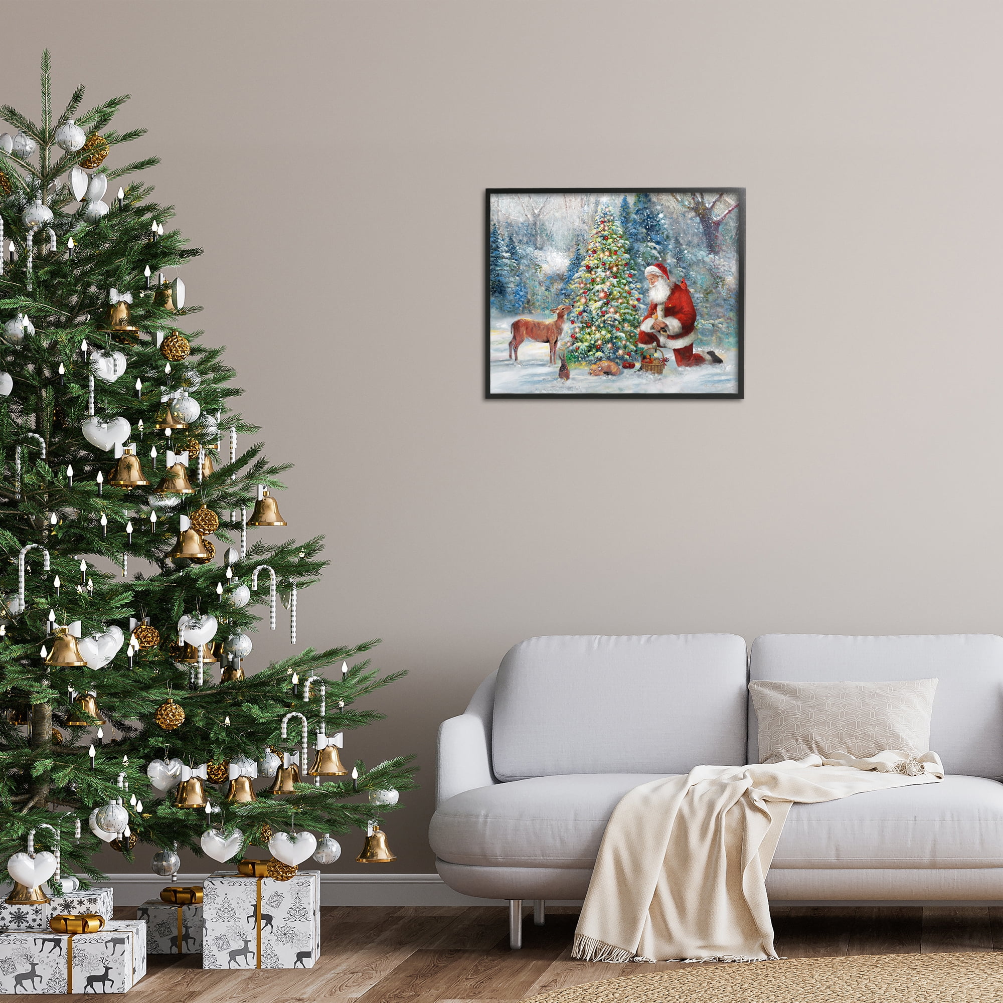 Stupell Industries Santa & Baby Deer Holiday Painting Black Framed Art Prints Wall Art, 30 x 24