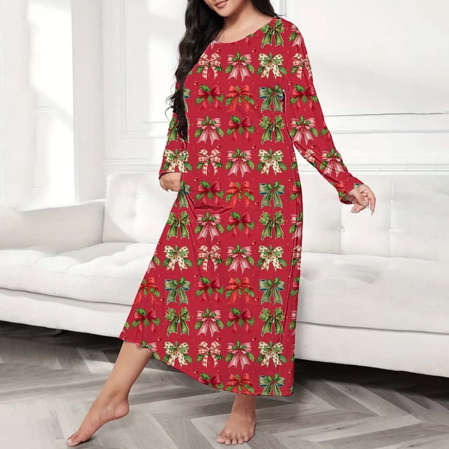 siminseming Chemises de Nuit de Noël pour Femmes & Chemises de Nuit Grande Taille Robe de Nuit Décontractée Imprimé Nœud Papillon Manches Longues Col Rond Extensible Vêtements & Accessoires