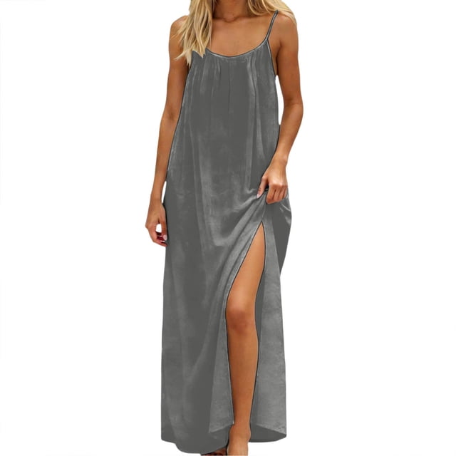 Daiosportswear Robe Longue Ample à Bretelles Spaghetti Dos Nu pour Femmes, Robe de Chambre à Manches Courtes Grise m(m)