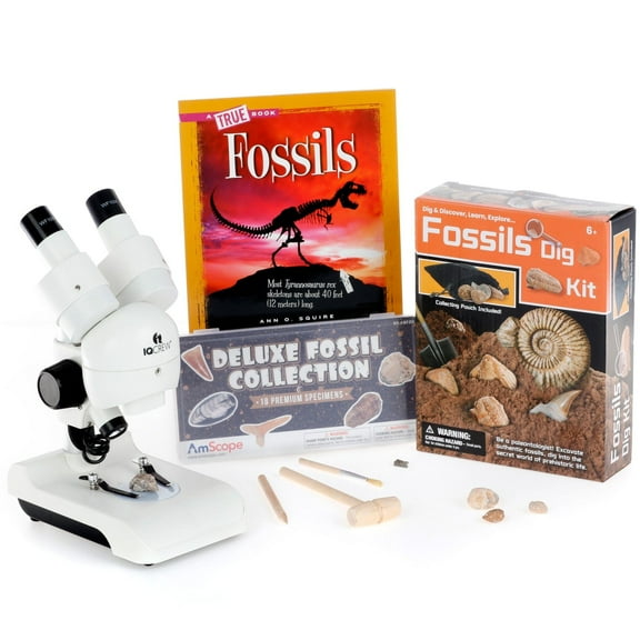 Fossil Adventurer Kit –30X Stereo Microscope, Fossil Dig Kit, 18pc Fossils  More