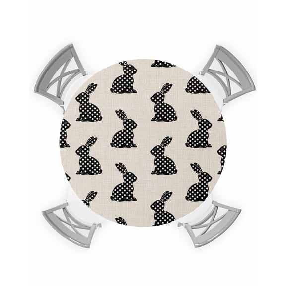 nqOlkjepod Easter Rabbit Round Tablecloth, Fitted Table Cover with Elastic for 45"-54" Round Tables, Black Pots Bunny Rabbit Farmhouse Retro Table Cloth Outdoor Dinning Party Waterproof Tablecloths