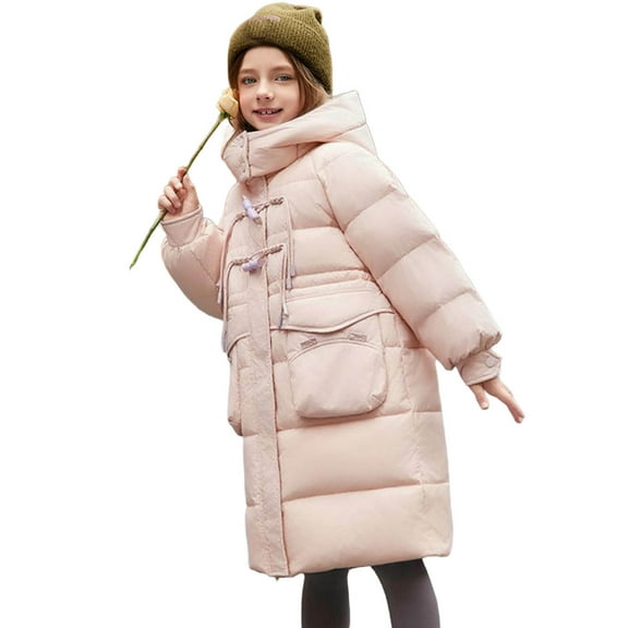 NAISIBABY Girls Parka with Pockets, Zip Up Windproof Hooded Thermal Winter Over Knee Length Puffer Coat Pink 12T