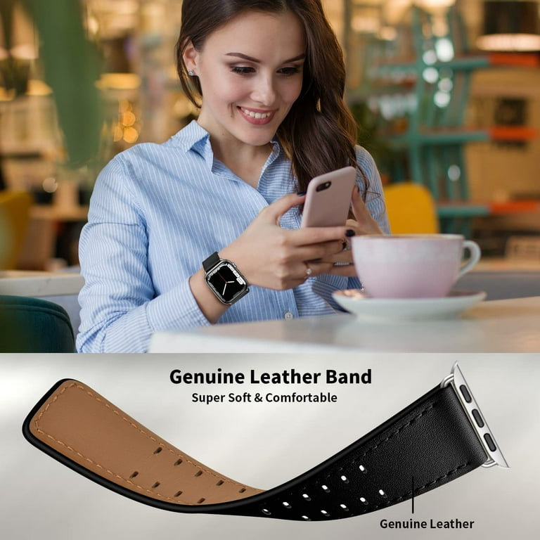 Leather Bands Compatible with Apple Watch Band 41mm 40mm 38mm Genuine Leather Replacement Band Strap Wristband for iWatch Series 8 7 6 5 4 3 2 1 SE2 SE Men Women Black Silver Walmart