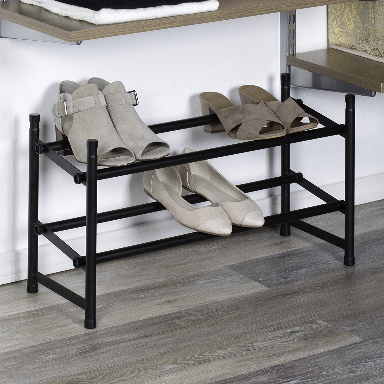 Matte Black Stacking Telescoping Shoe Rack, Expands in width from 24