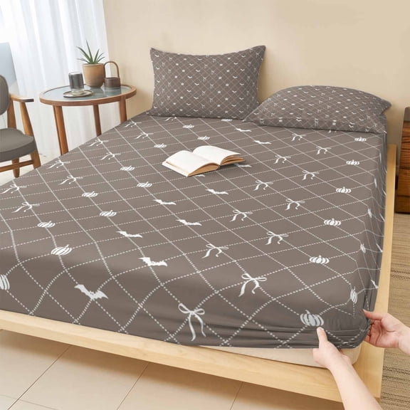 Cal.King Size Fitted Sheet Set - Taupe Brown Halloween 3 Piece Bedding Sets 16" Deep Pocket Fitted Sheet with 2 Pillowcases, Checkered Bat Bow Brushed Microfiber Hotel Luxury Bed Sheets