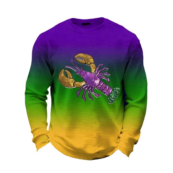 IWRICH Men's Mardi Carnival Gradient T Shirts Printed Waffle Long Sleeve T-Shirt Crew Neck Rave Tees Multicolour XL