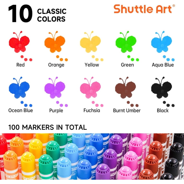 Shuttle Art 100 Pack Dot Markers, 10 Colors x 10 Sets Washable